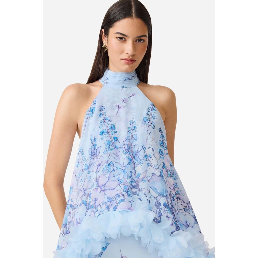 Elliatt Tulsia Floral Georgette Gown Light Blue Ruffle Halter Maxi Dress M - Picture 4 of 4